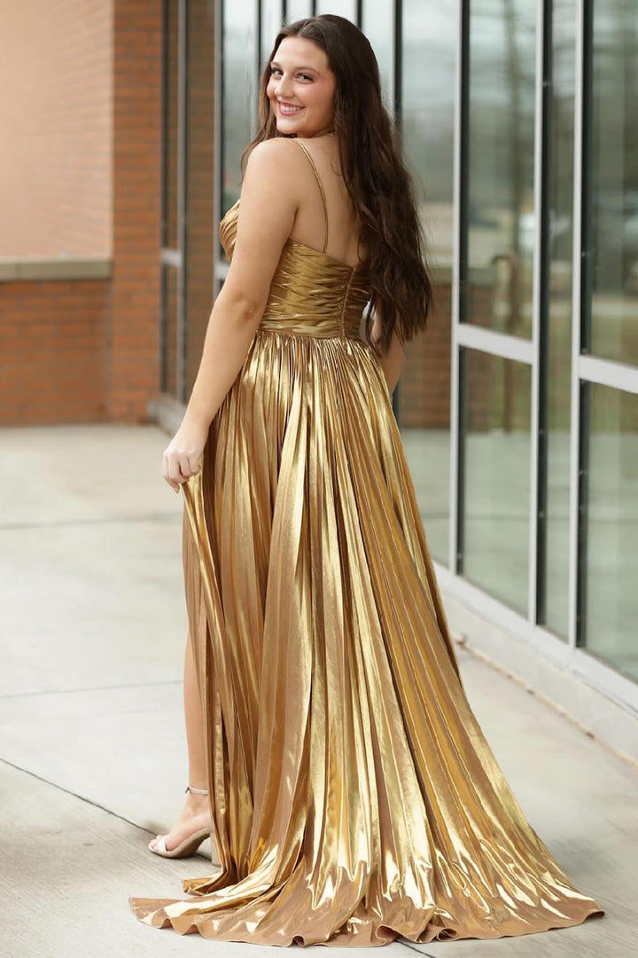 Gold Metallic Prom Dress with Slit