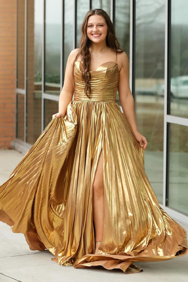 Gold Metallic Prom Dress with Slit