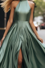 Load image into Gallery viewer, Sage Green Halter Satin Prom Gown