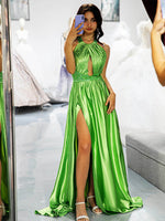 Load image into Gallery viewer, Green Halter Open Back Slit Prom Dress
