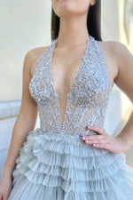 Load image into Gallery viewer, Halter Tulle Ruffle Sheer Corset Bodice Prom Dress