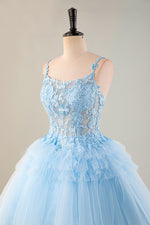 Load image into Gallery viewer, Cute Light Blue Sheer Bodice Appliques Homecoming Dress
