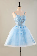 Load image into Gallery viewer, Cute Light Blue Sheer Bodice Appliques Homecoming Dress
