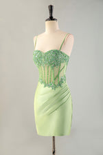 Load image into Gallery viewer, Fitted Green Sheer Corset Bodice Beaded Homecoming Dress