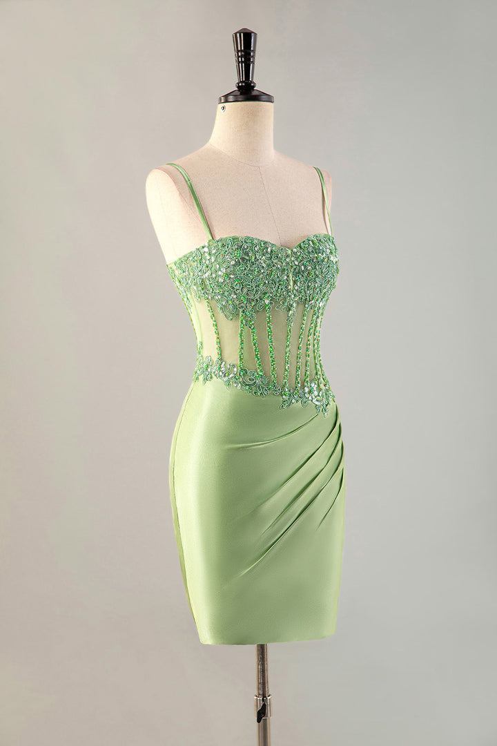 Fitted Green Sheer Corset Bodice Beaded Homecoming Dress