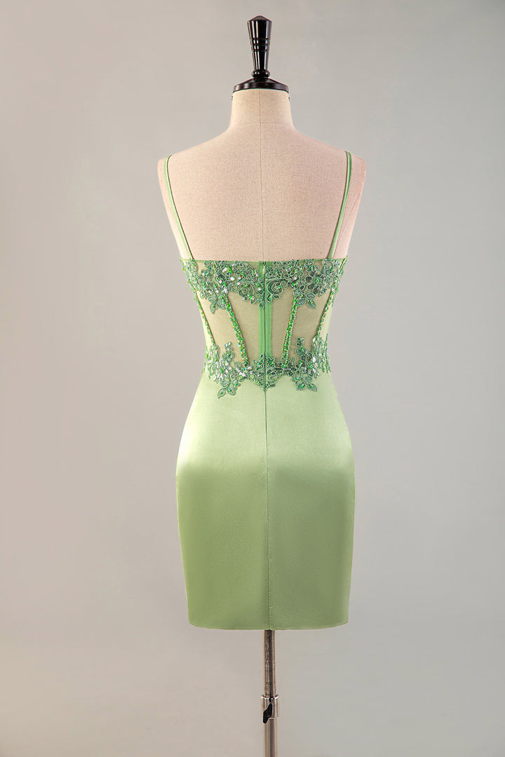 Fitted Green Sheer Corset Bodice Beaded Homecoming Dress