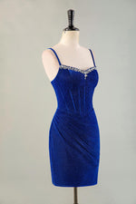 Load image into Gallery viewer, Royal Blue Beaded Corset Homecoming Dress