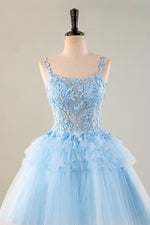 Load image into Gallery viewer, Cute Light Blue Sheer Bodice Appliques Homecoming Dress