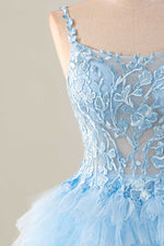 Load image into Gallery viewer, Cute Light Blue Sheer Bodice Appliques Homecoming Dress