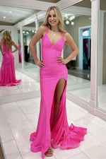Load image into Gallery viewer, Open Back Slit Hot Pink Prom Dress