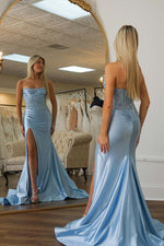 Load image into Gallery viewer, Strapless Corset Bodice Ruched Prom Dress with Slit