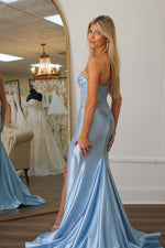 Load image into Gallery viewer, Strapless Corset Bodice Ruched Prom Dress with Slit