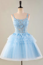 Load image into Gallery viewer, Cute Light Blue Sheer Bodice Appliques Homecoming Dress