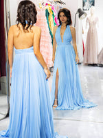 Load image into Gallery viewer, Light Blue Backless Prom Dress