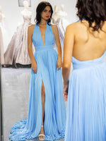 Load image into Gallery viewer, Light Blue Backless Prom Dress