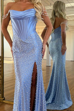 Load image into Gallery viewer, Fitted Blue Satin Prom Dress with Pearl