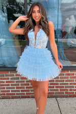 Load image into Gallery viewer, Cute A-Line Tiered Homecoming Dress with Appliques