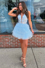 Load image into Gallery viewer, Cute A-Line Tiered Homecoming Dress with Appliques