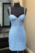 Load image into Gallery viewer, Blue Straps Homecoming Dress with Beads