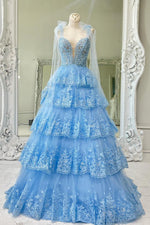 Load image into Gallery viewer, Light Blue Embroidery Ruffle Prom Dress