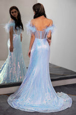Load image into Gallery viewer, Light Blue Sequin Corset Prom Dress with Feathers