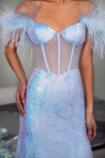 Load image into Gallery viewer, Light Blue Sequin Corset Prom Dress with Feathers