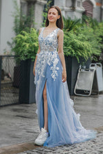 Load image into Gallery viewer, Blue Appliques V-neck Tulle Prom Dress with Slit