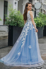 Load image into Gallery viewer, Blue Appliques V-neck Tulle Prom Dress with Slit