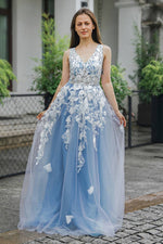 Load image into Gallery viewer, Blue Appliques V-neck Tulle Prom Dress with Slit