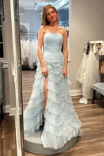 Load image into Gallery viewer, Light Blue Ruffle Strapless Prom Dress
