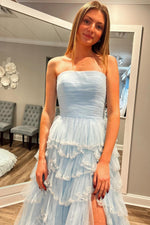 Load image into Gallery viewer, Light Blue Ruffle Strapless Prom Dress
