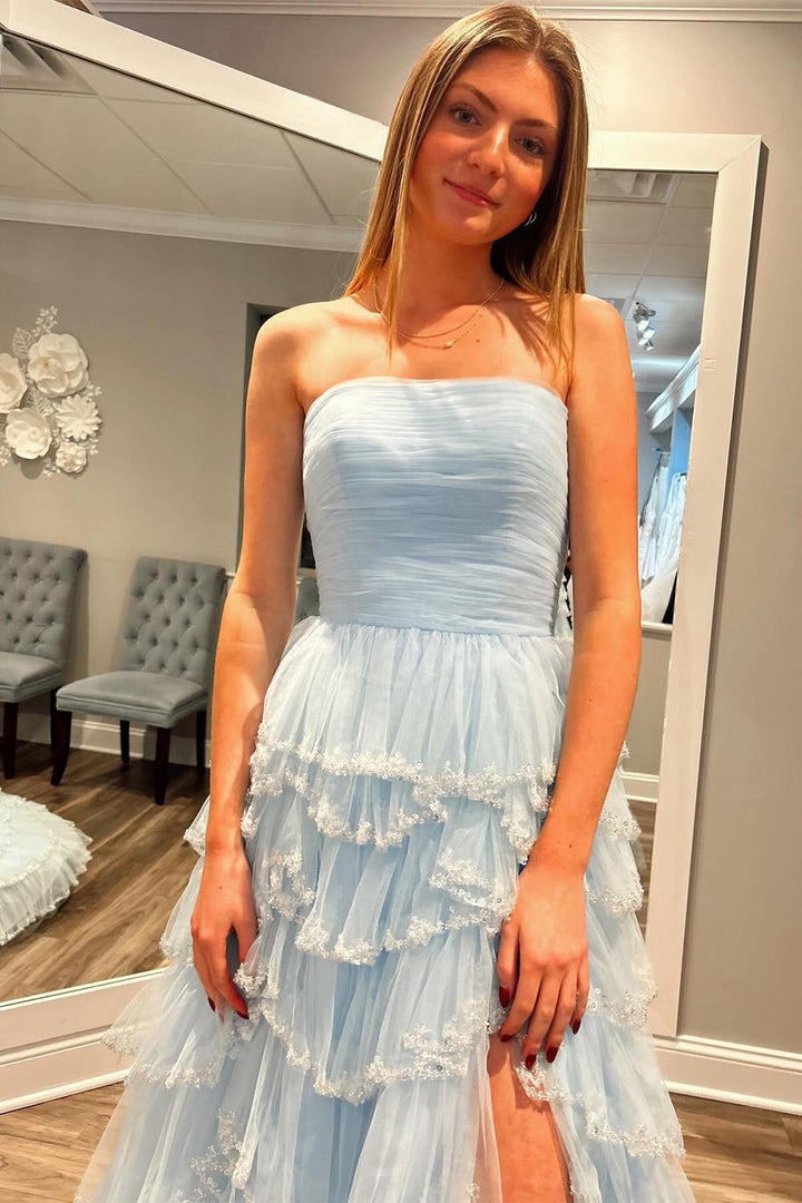 Light Blue Ruffle Strapless Prom Dress