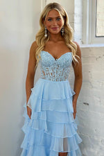 Load image into Gallery viewer, Corset Blue Sheer Corset Bodice Prom Dress
