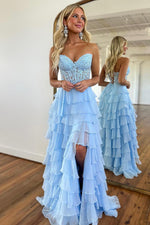Load image into Gallery viewer, Corset Blue Sheer Corset Bodice Prom Dress
