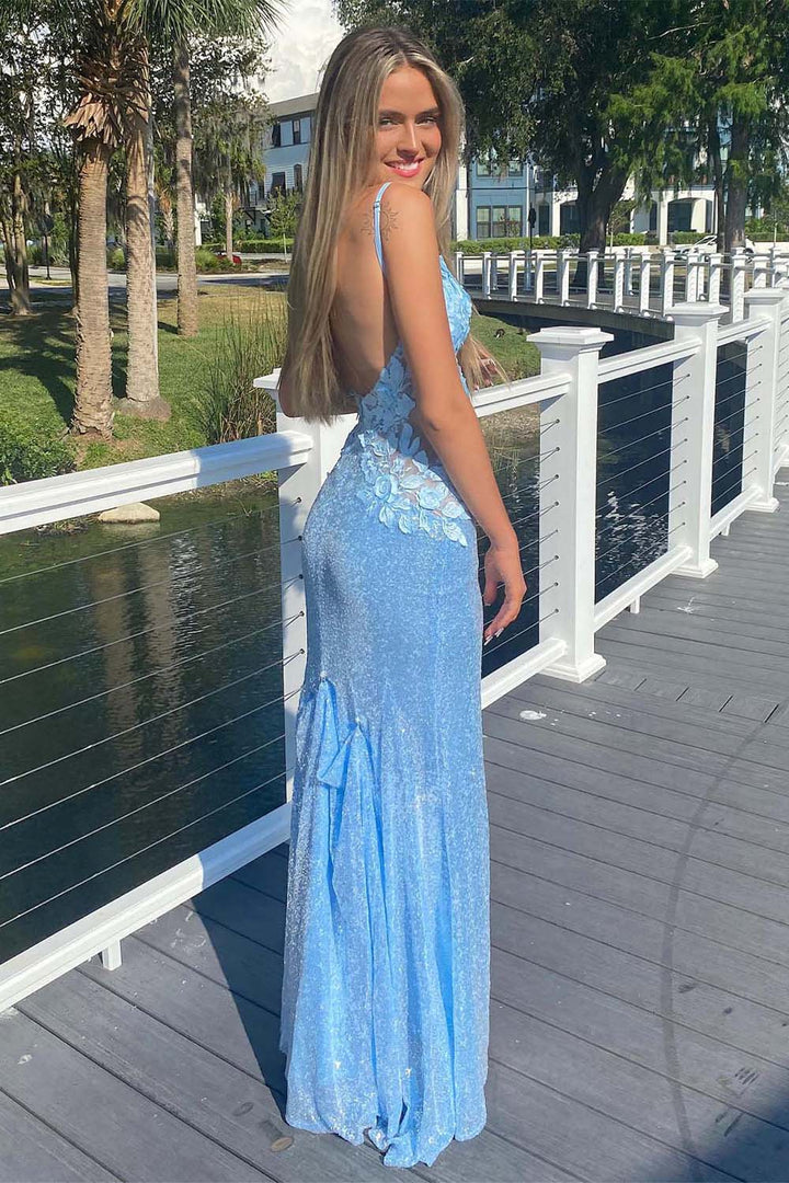 3D Flowers Slit Sequin Prom Dress