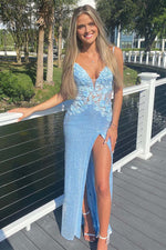 Load image into Gallery viewer, 3D Flowers Slit Sequin Prom Dress