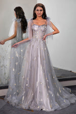 Load image into Gallery viewer, Tulle Sheer Corset Bodice Prom Dress with Feather Embroidery