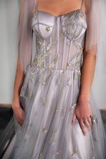 Load image into Gallery viewer, Tulle Sheer Corset Bodice Prom Dress with Feather Embroidery