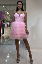 Load image into Gallery viewer, Light Pink Strapless Homecoming Dress with Appliques