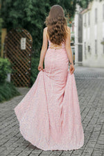 Load image into Gallery viewer, Pink Sequin High Slit Prom Dress