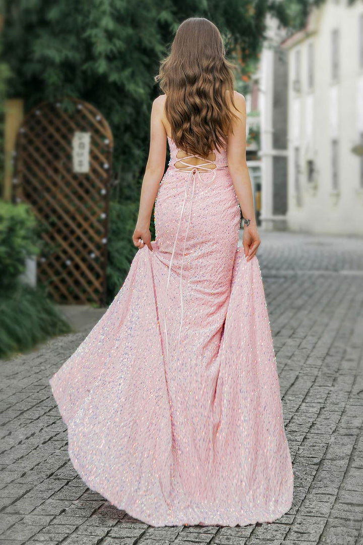 Pink Sequin High Slit Prom Dress