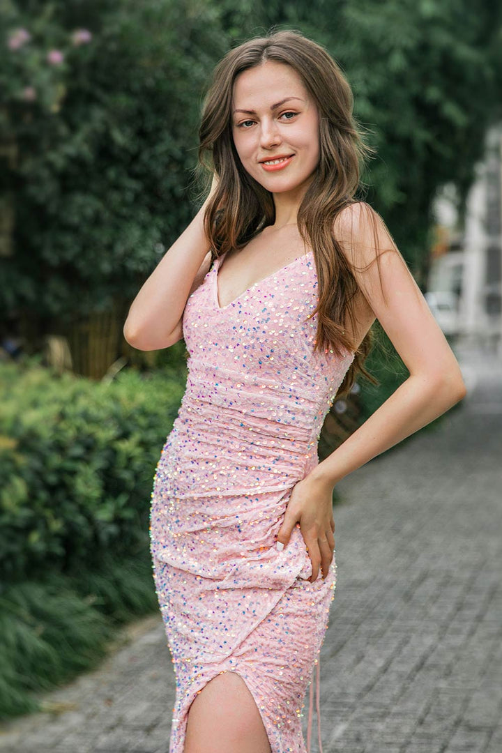 Pink Sequin High Slit Prom Dress