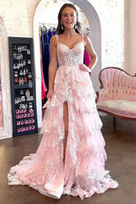 Load image into Gallery viewer, Slit Tiered Ruffle Prom Dress with Sequin