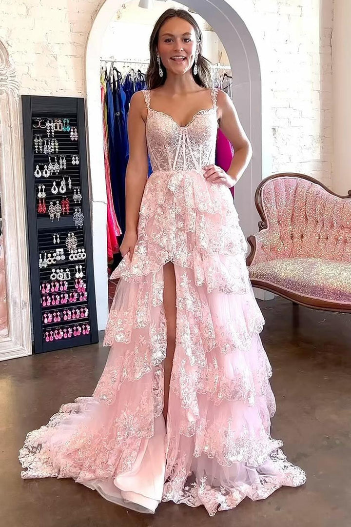 Slit Tiered Ruffle Prom Dress with Sequin