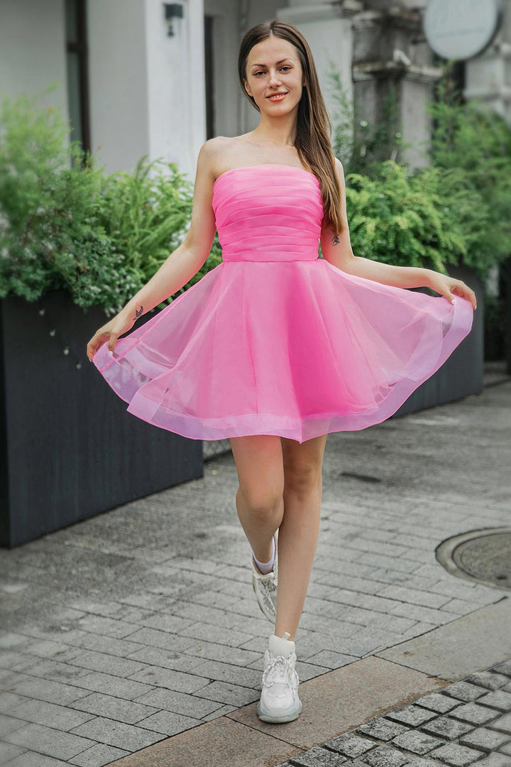 A-Line Light Pink Strapless Homecoming Dress