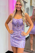 Load image into Gallery viewer, Lilac Sheer Corset Bodice Homecoming Dress with Embroidery