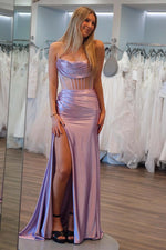 Load image into Gallery viewer, Strapless Sheer Corset Bodice Slit Prom Dress