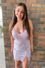 Load image into Gallery viewer, Sequin Side Slit Homecoming Dress with 3D Flowers