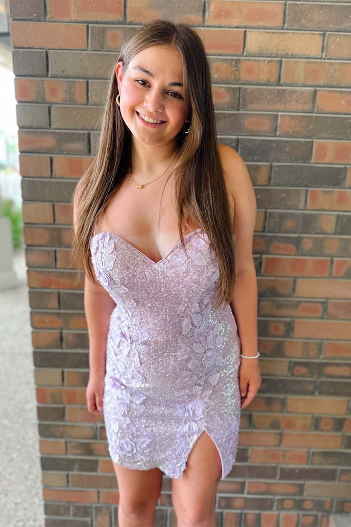 Sequin Side Slit Homecoming Dress with 3D Flowers