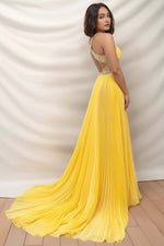 Load image into Gallery viewer, Yellow Pleated Prom Dress with Beads